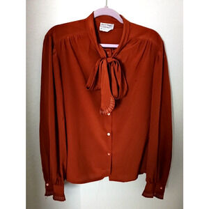 Three Flaggs Rust Brown Long Sleeve Tie Neck Ruffle Trim Button Up Blouse Top L